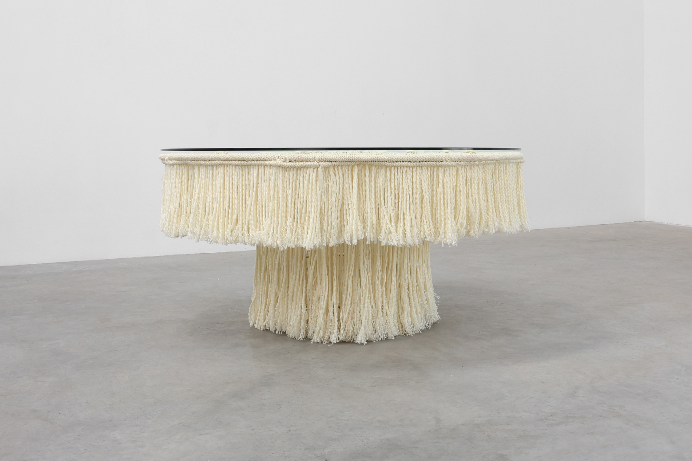 Monumental white dining table with glass top and macram&eacute; in Hollywood regency style, Italy 20th century thumbnail